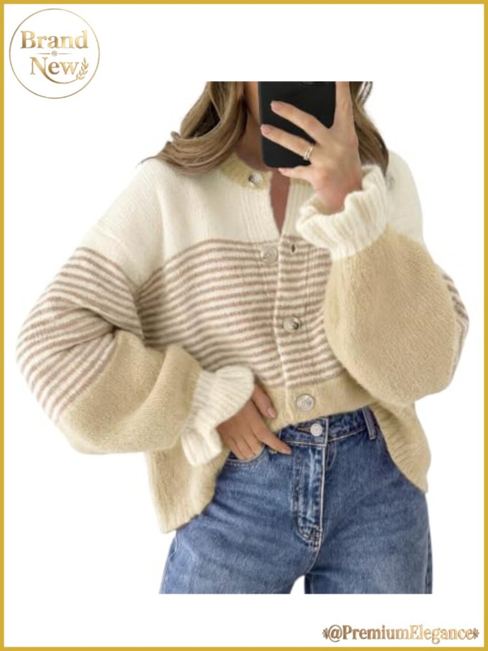 Womens Striped Ruffle Sleeve Button Up Loose Cardigan Sweater
